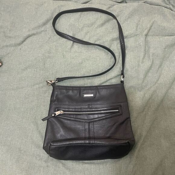 Tignanello Black Crossbody Shoulder Bag Leather Tote Shopper Purse Outer Pocket - Picture 1 of 12